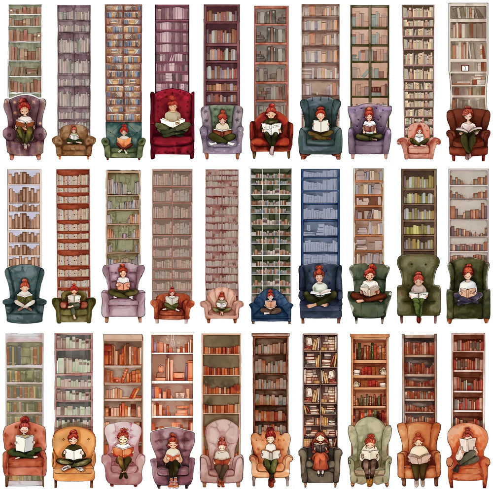 Set of 30 or 60 “Girls in Armchairs” Bookmarks – Whimsical Bookcase Aesthetic for DIY, Stationery & Gifts