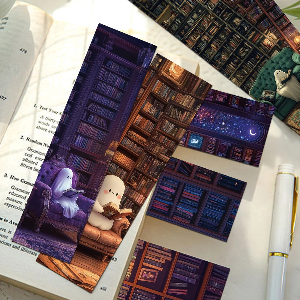 Set of 30 “Ghosts Reading in the Library” Bookmarks – Cute & Spooky Page Markers