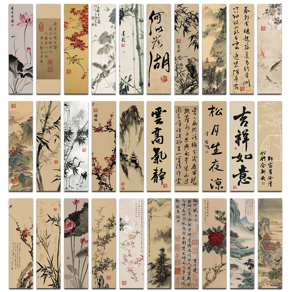 Set of 30 Chinese Calligraphy & Ink Painting Bookmarks – Classical Poetry Design, Elegant Page Markers for Reading & Decoration