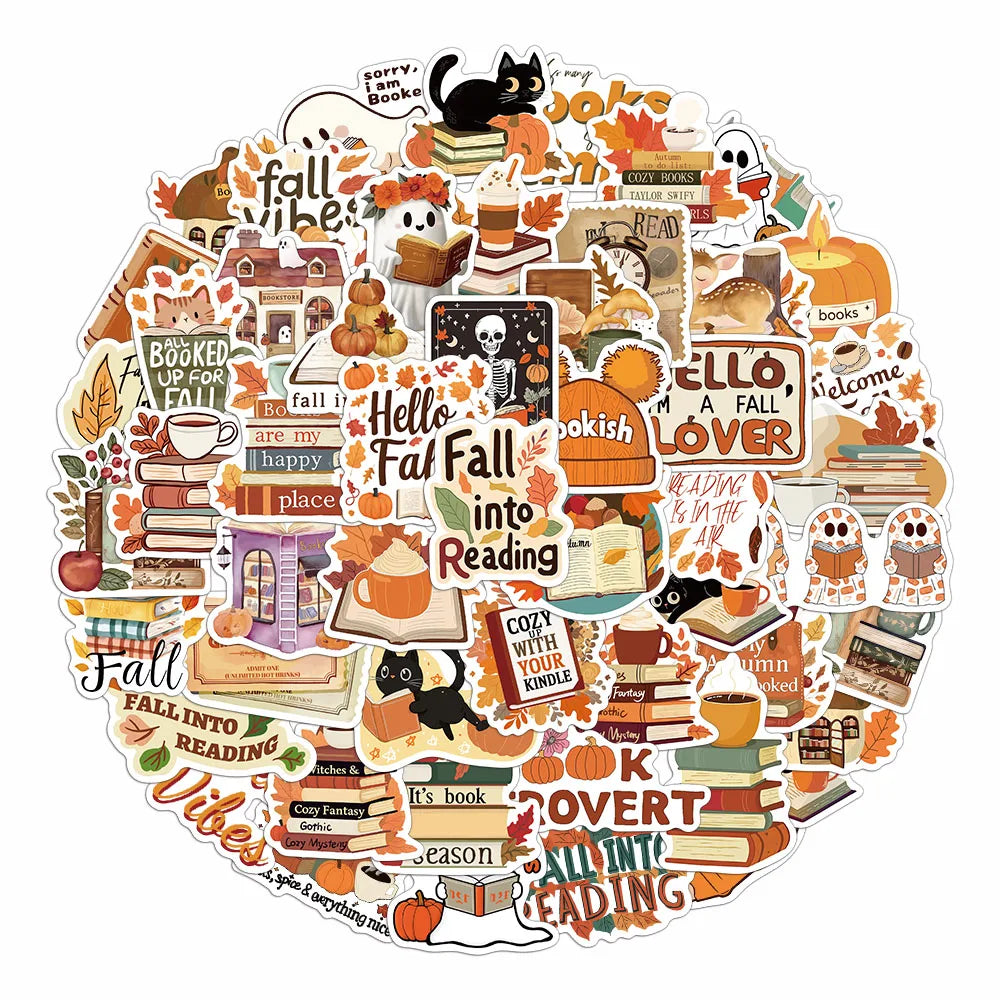 50pcs Autumn Bookish Stickers – Cute Ghost & Book Designs for Notebooks, Scrapbooks & DIY Projects