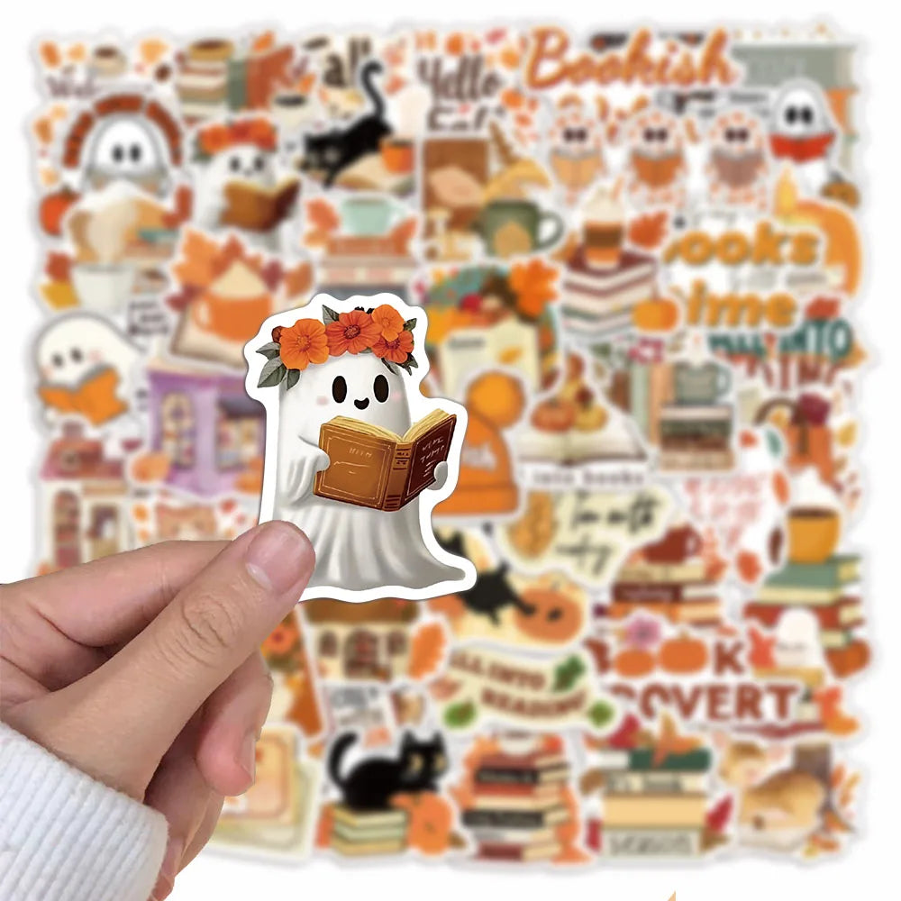 50pcs Autumn Bookish Stickers – Cute Ghost & Book Designs for Notebooks, Scrapbooks & DIY Projects