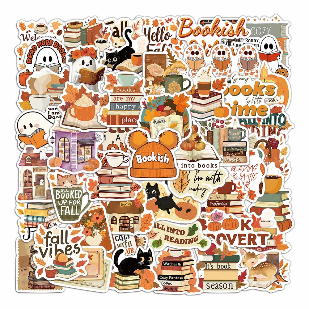 50pcs Autumn Bookish Stickers – Cute Ghost & Book Designs for Notebooks, Scrapbooks & DIY Projects