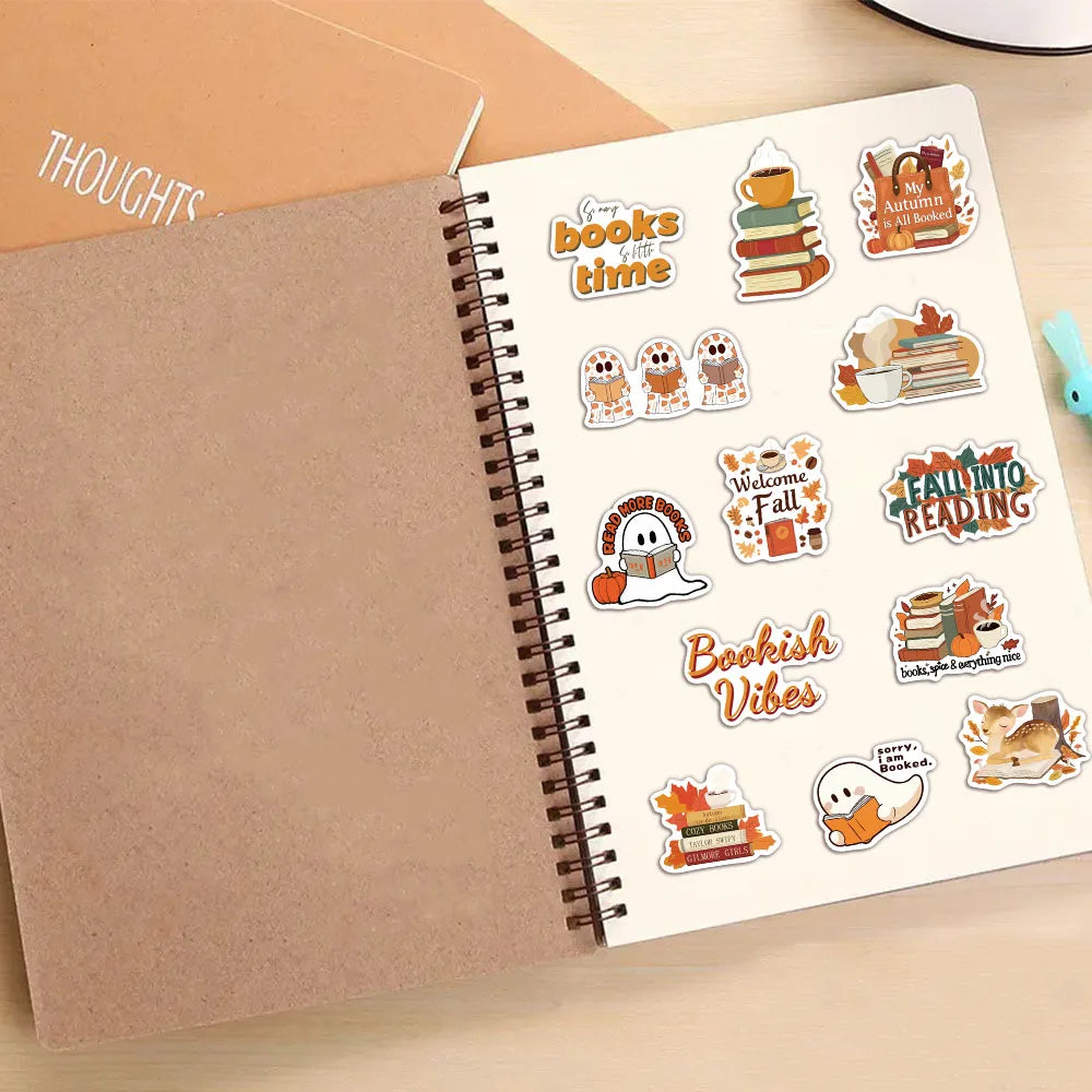 50pcs Autumn Bookish Stickers – Cute Ghost & Book Designs for Notebooks, Scrapbooks & DIY Projects