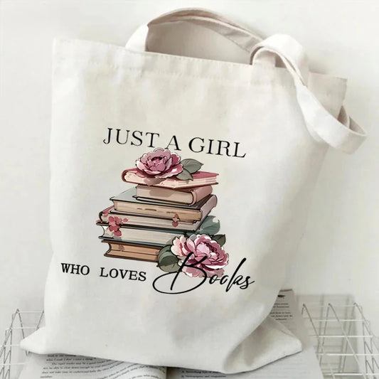 Just a Girl Who Loves Books – Vintage Rose Canvas Tote Bag for Book Lovers