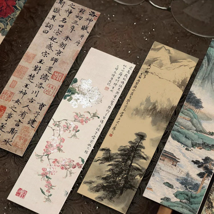 Set of 30 Chinese Calligraphy & Ink Painting Bookmarks – Classical Poetry Design, Elegant Page Markers for Reading & Decoration