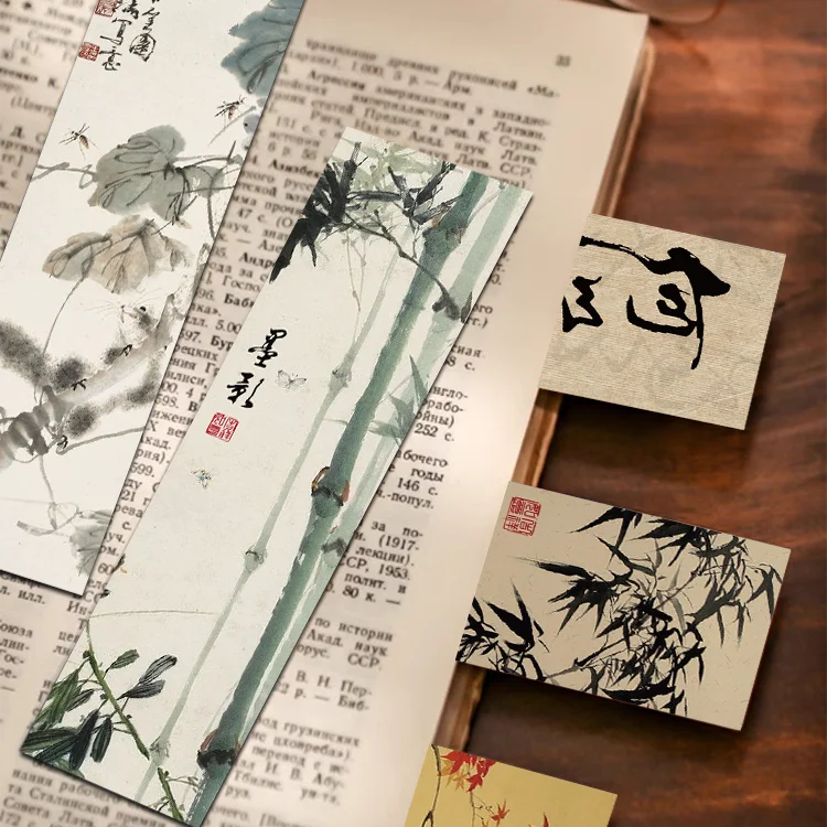 Set of 30 Chinese Calligraphy & Ink Painting Bookmarks – Classical Poetry Design, Elegant Page Markers for Reading & Decoration