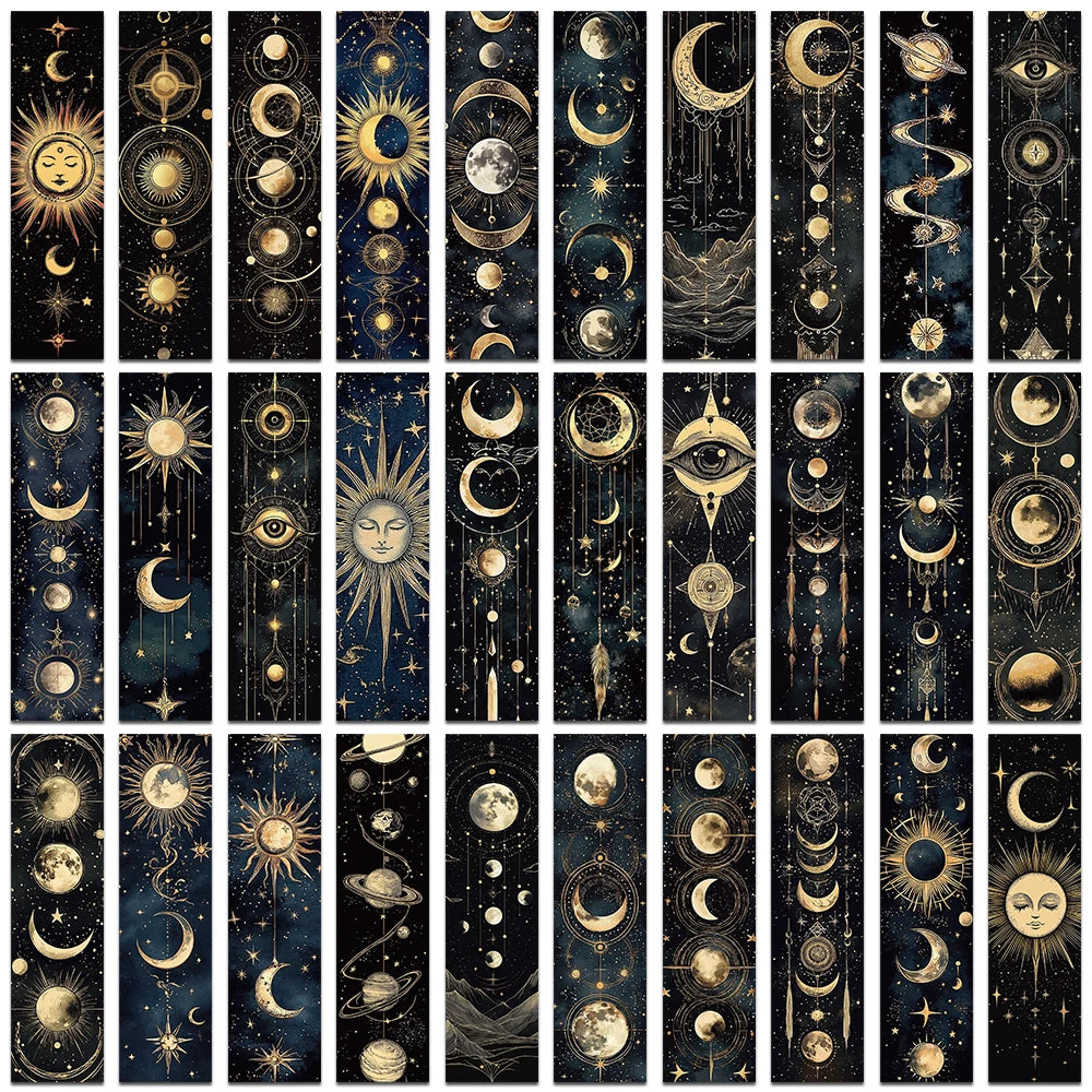 Set of 30 Mystical Celestial Bookmarks – Moons, Suns & Stars for Dreamy Reading Moments
