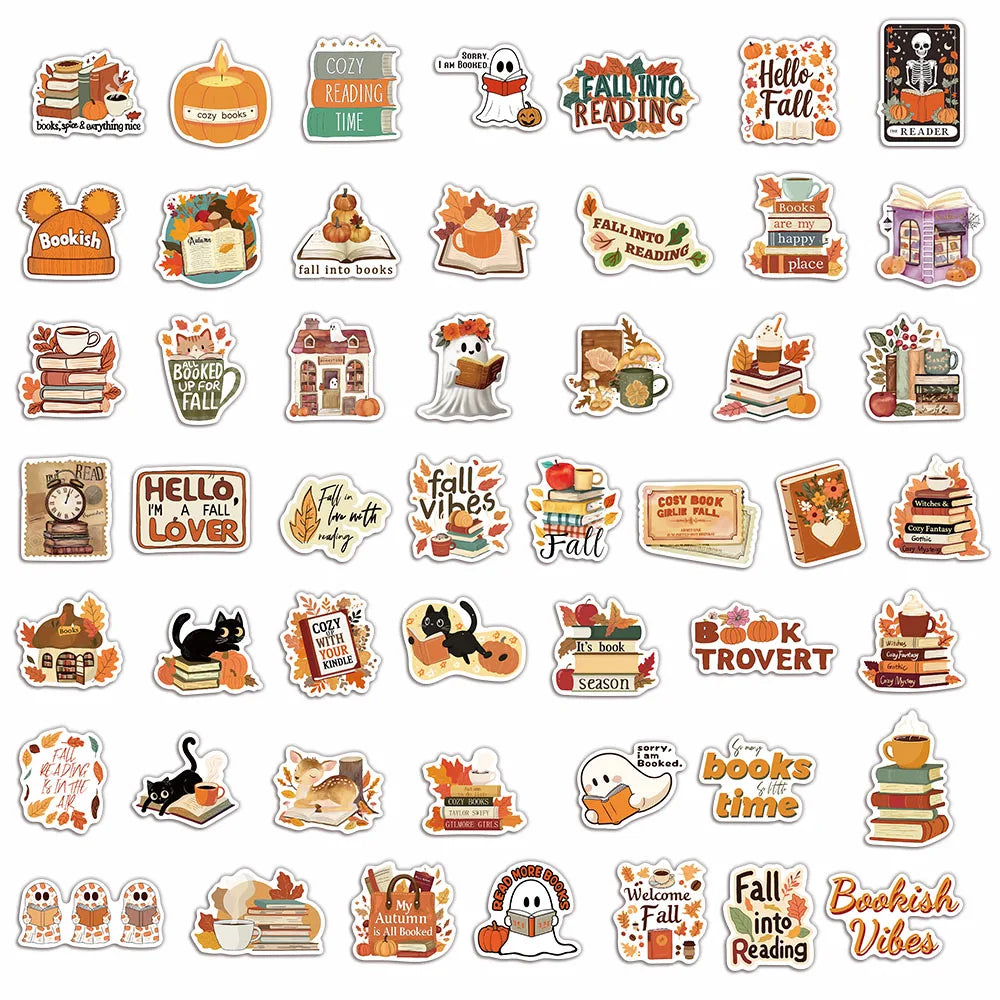 50pcs Autumn Bookish Stickers – Cute Ghost & Book Designs for Notebooks, Scrapbooks & DIY Projects