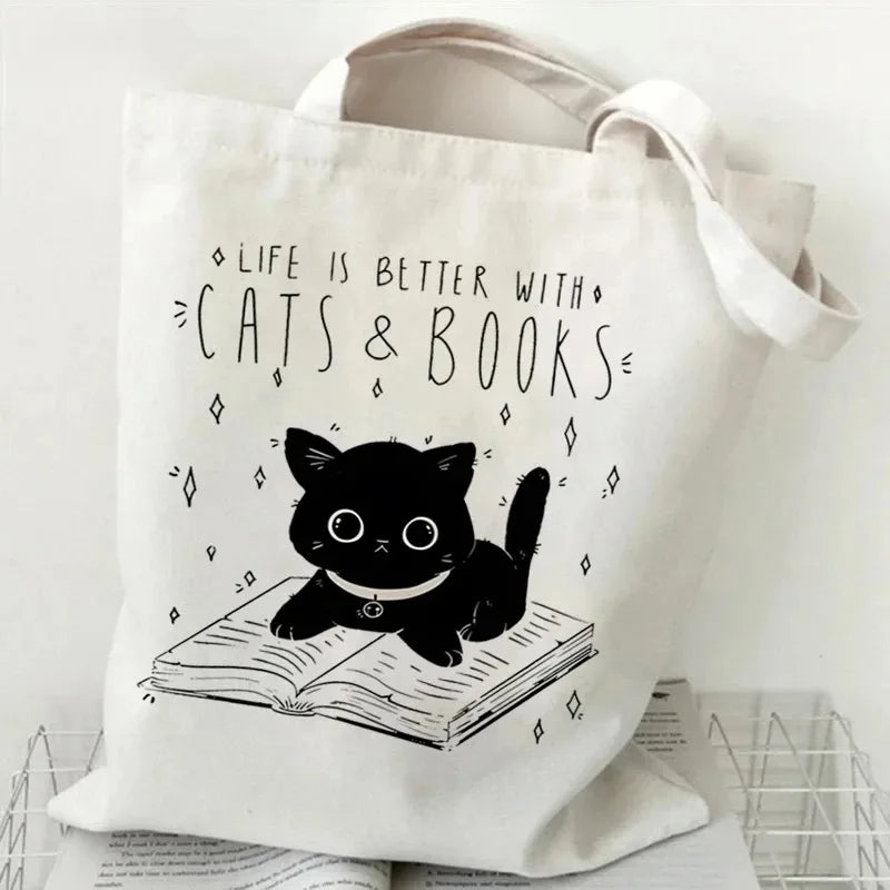 'Life Is Better with Cats & Books' – Literary Canvas Tote for Bookworms and Cat Lovers
