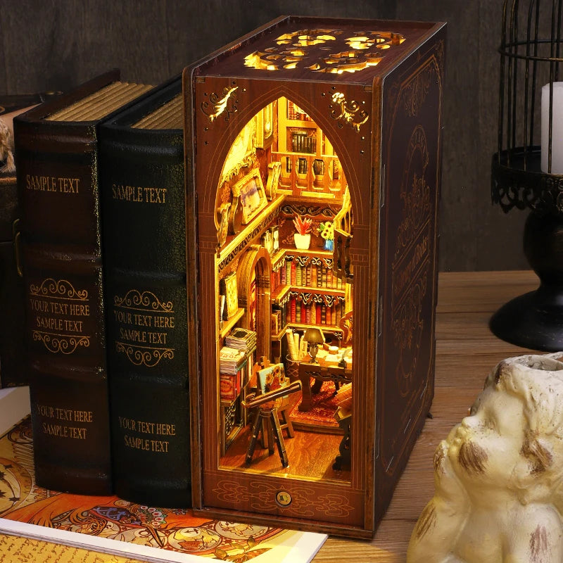 Miniature Wooden Bookshelf Dollhouse – 3D Puzzle & Bookend Set