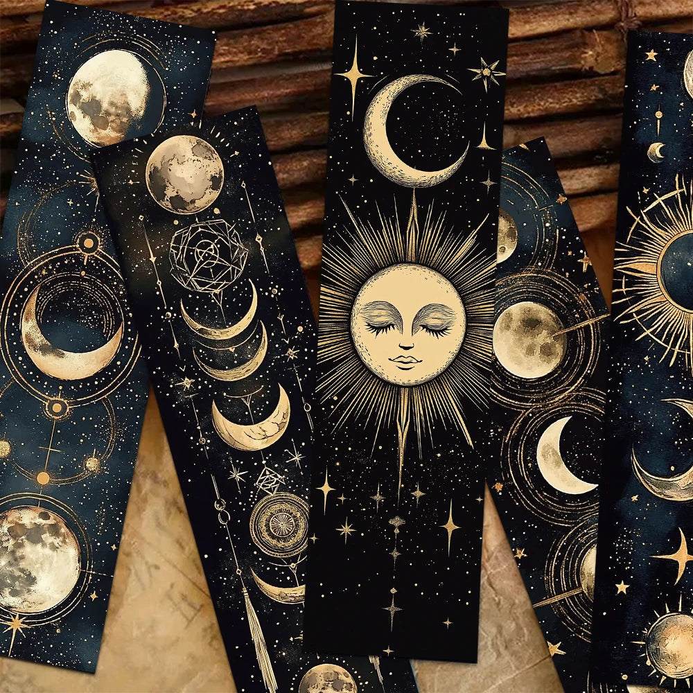 Set of 30 Mystical Celestial Bookmarks – Moons, Suns & Stars for Dreamy Reading Moments