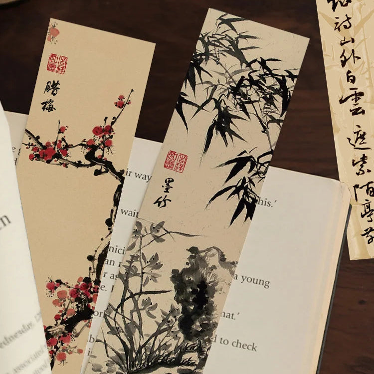 Set of 30 Chinese Calligraphy & Ink Painting Bookmarks – Classical Poetry Design, Elegant Page Markers for Reading & Decoration