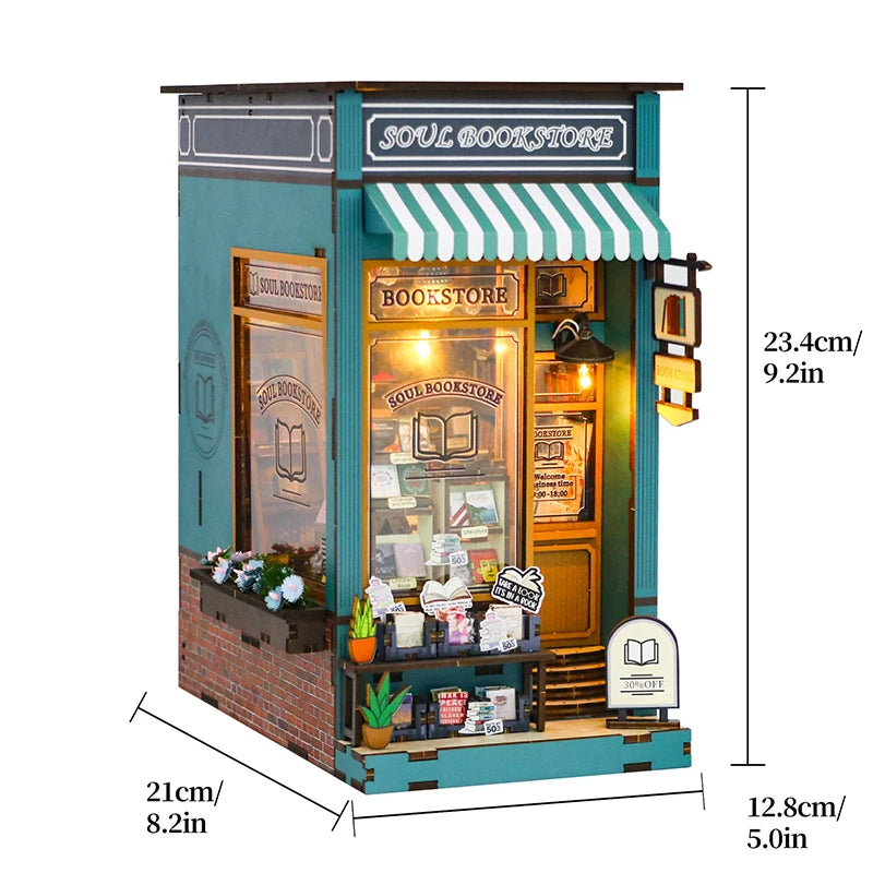 Miniature Wooden Bookshelf Dollhouse – 3D Puzzle & Bookend Set