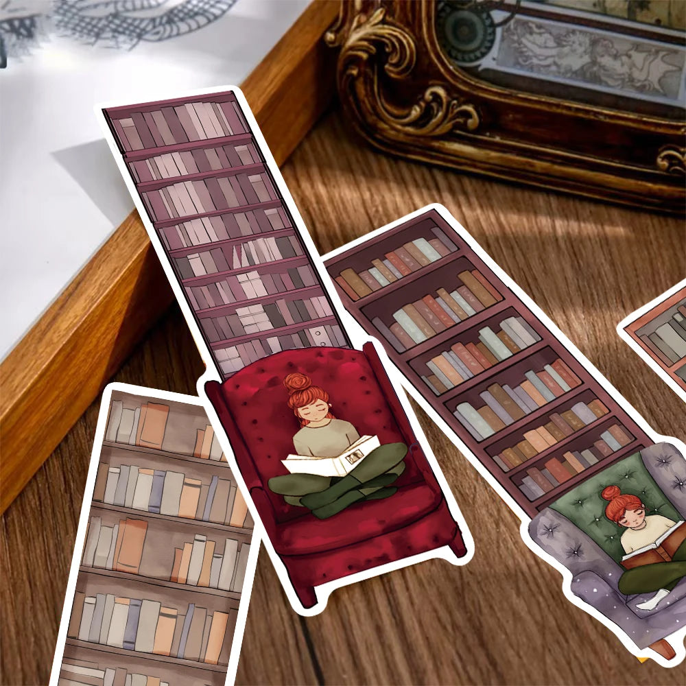 Set of 30 or 60 “Girls in Armchairs” Bookmarks – Whimsical Bookcase Aesthetic for DIY, Stationery & Gifts