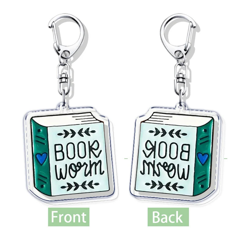 Funny Bookworm Keychains – Stainless Steel and Acrylic Keyrings for Book Lovers