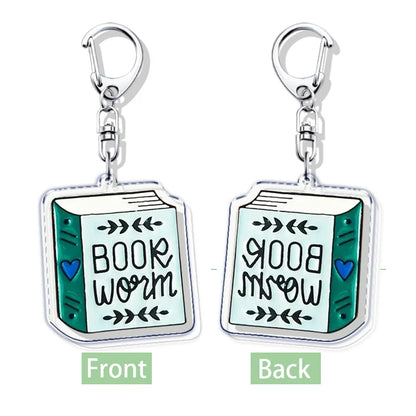 Funny Bookworm Keychains – Stainless Steel and Acrylic Keyrings for Book Lovers