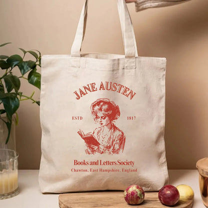 Jane Austen Books & Letters Society Tote Bag – Elegant Canvas Shoulder Bag for Book Lovers, Large Capacity, Perfect Bookish Gift