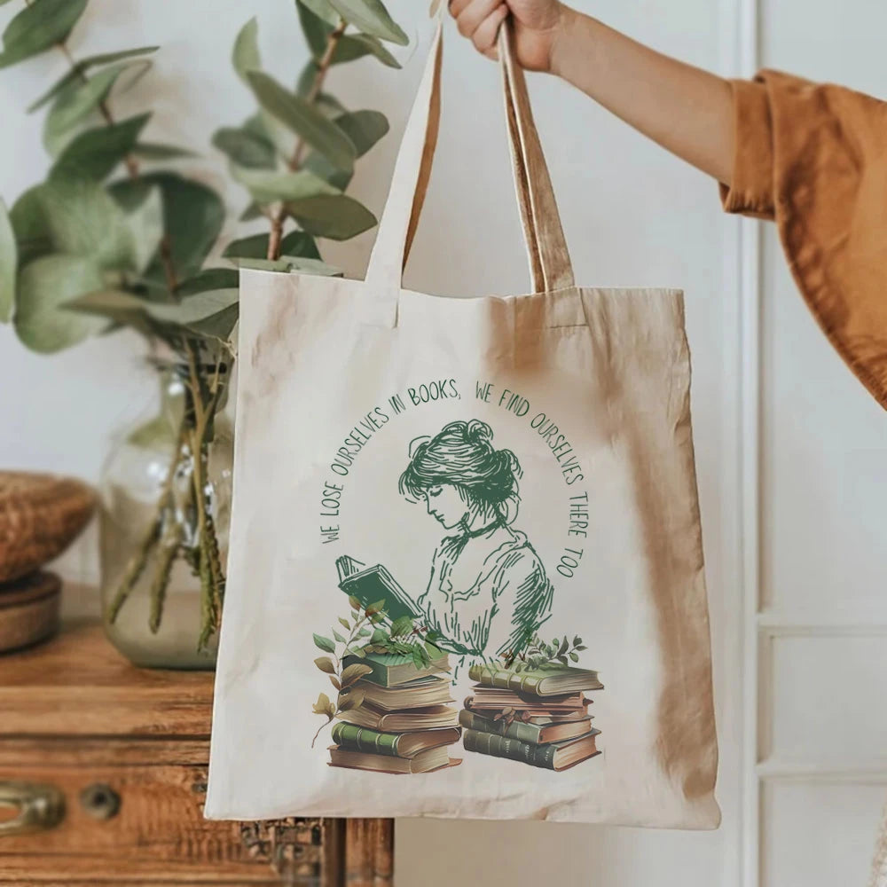 Elegant Canvas Tote Bag for Book Lovers – 'We Lose Ourselves in Books' Design, Large Capacity, Perfect Gift for Readers & Librarians