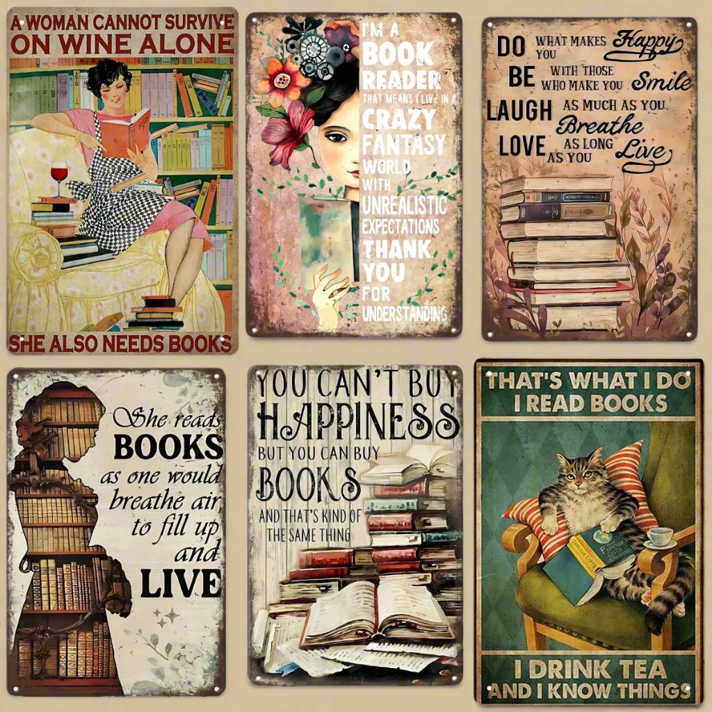 Vintage Metal Reading Sign – Retro Tin Wall Art for Home, Café, Library, or Bar