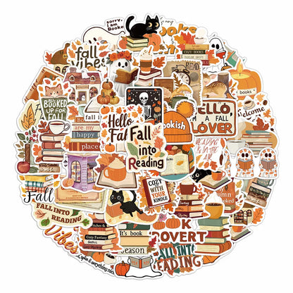 50pcs Autumn Bookish Stickers – Cute Ghost & Book Designs for Notebooks, Scrapbooks & DIY Projects