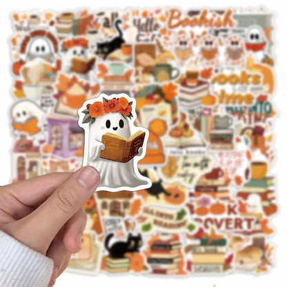 50pcs Autumn Bookish Stickers – Cute Ghost & Book Designs for Notebooks, Scrapbooks & DIY Projects