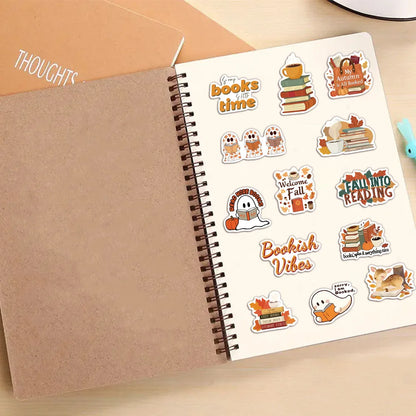 50pcs Autumn Bookish Stickers – Cute Ghost & Book Designs for Notebooks, Scrapbooks & DIY Projects