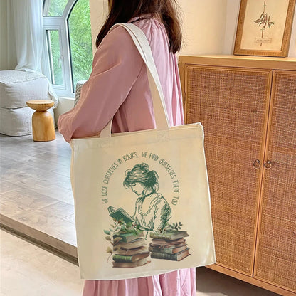 Elegant Canvas Tote Bag for Book Lovers – 'We Lose Ourselves in Books' Design, Large Capacity, Perfect Gift for Readers & Librarians