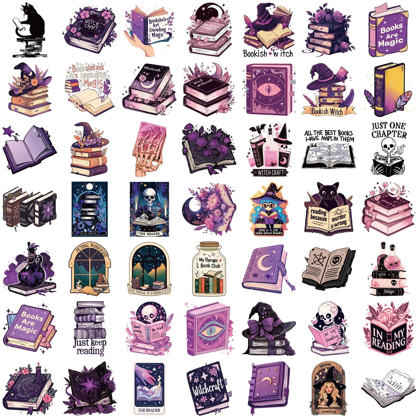50pcs Purple Bookish Aesthetic Stickers – Magical Reading-Themed Decals for Notebooks, Luggage, Scrapbooking & More