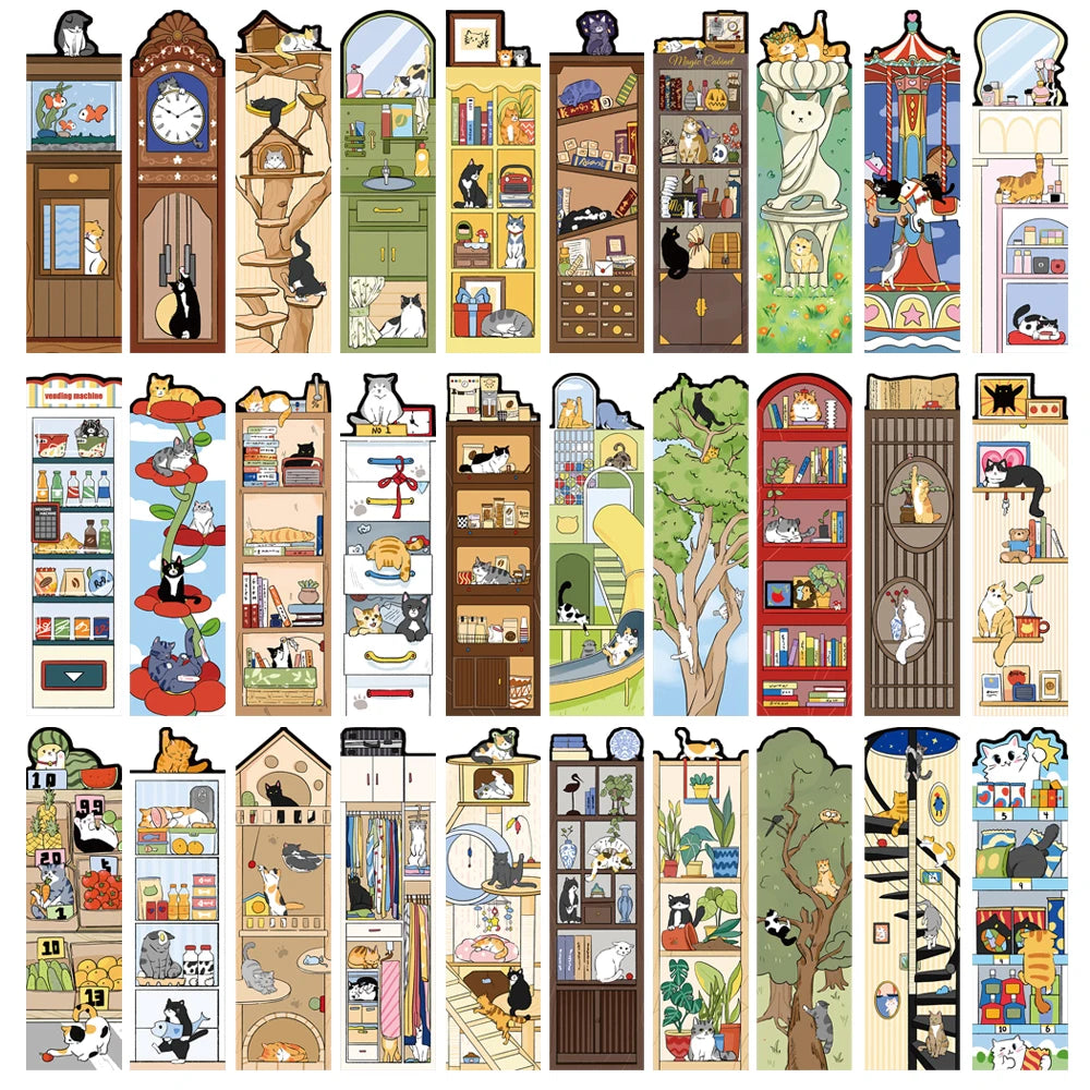 Set of 30 or 60 Cute Cartoon Cat Bookmarks – Waterproof Bookmark Cards for Students, Laptops, Luggage & Stationery