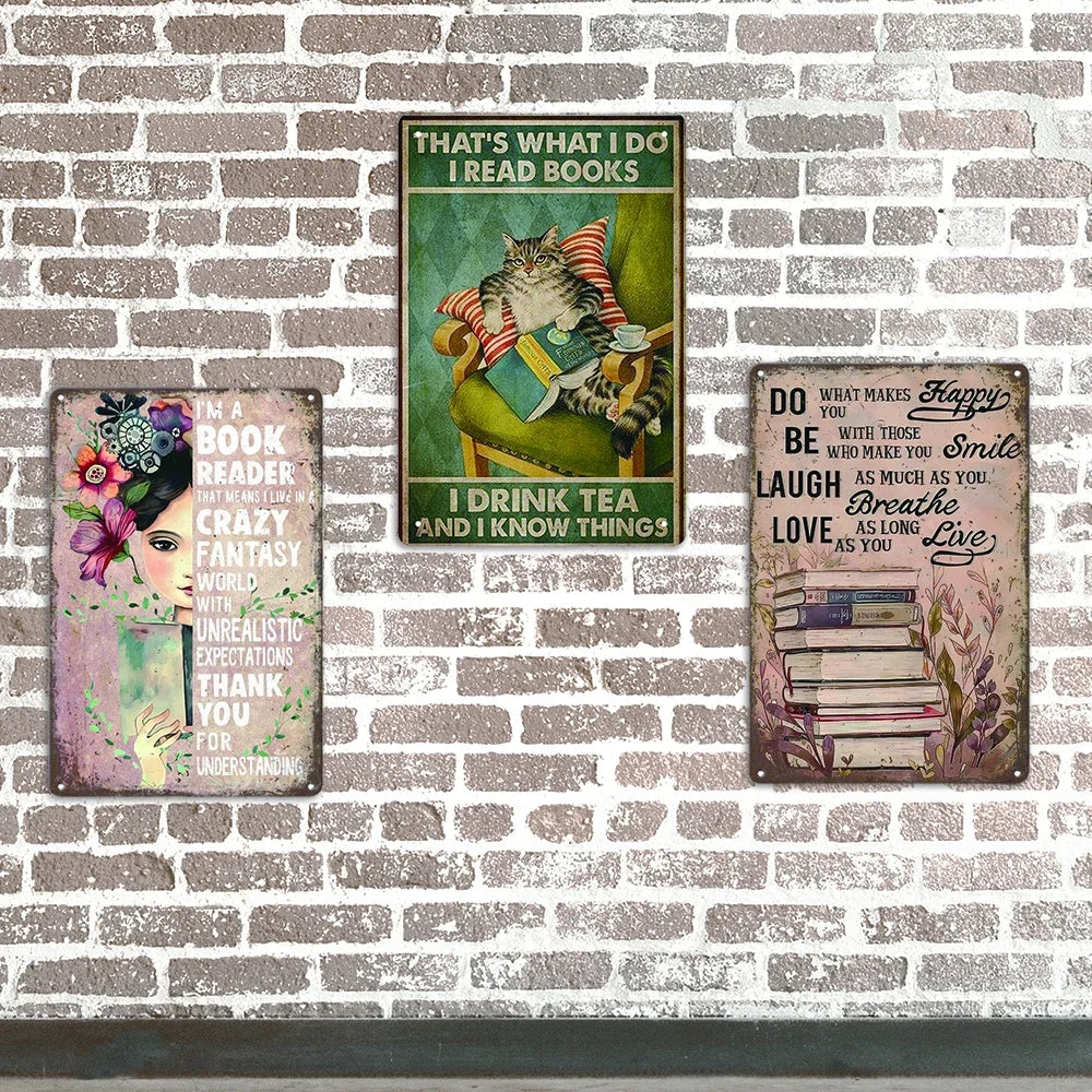 Vintage Metal Reading Sign – Retro Tin Wall Art for Home, Café, Library, or Bar