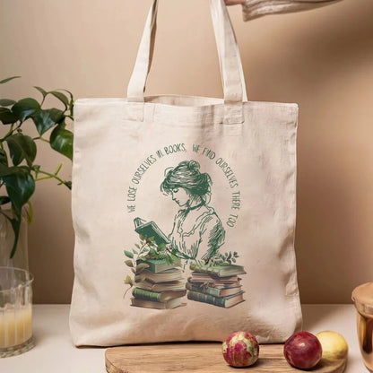 Elegant Canvas Tote Bag for Book Lovers – 'We Lose Ourselves in Books' Design, Large Capacity, Perfect Gift for Readers & Librarians