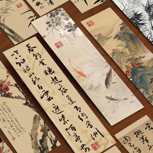 Set of 30 Chinese Calligraphy & Ink Painting Bookmarks – Classical Poetry Design, Elegant Page Markers for Reading & Decoration