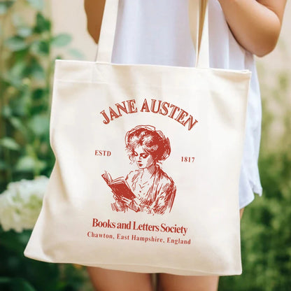 Jane Austen Books & Letters Society Tote Bag – Elegant Canvas Shoulder Bag for Book Lovers, Large Capacity, Perfect Bookish Gift