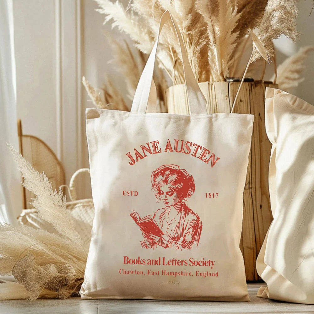 Jane Austen Books & Letters Society Tote Bag – Elegant Canvas Shoulder Bag for Book Lovers, Large Capacity, Perfect Bookish Gift