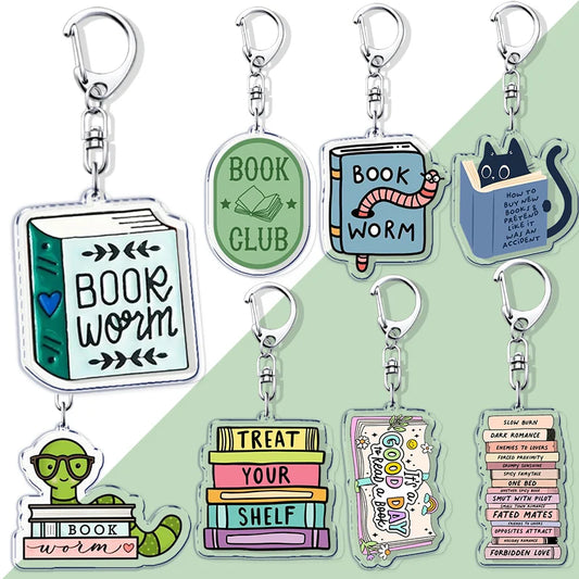 Funny Bookworm Keychains – Stainless Steel and Acrylic Keyrings for Book Lovers