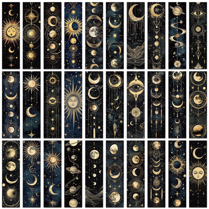Set of 30 Mystical Celestial Bookmarks – Moons, Suns & Stars for Dreamy Reading Moments