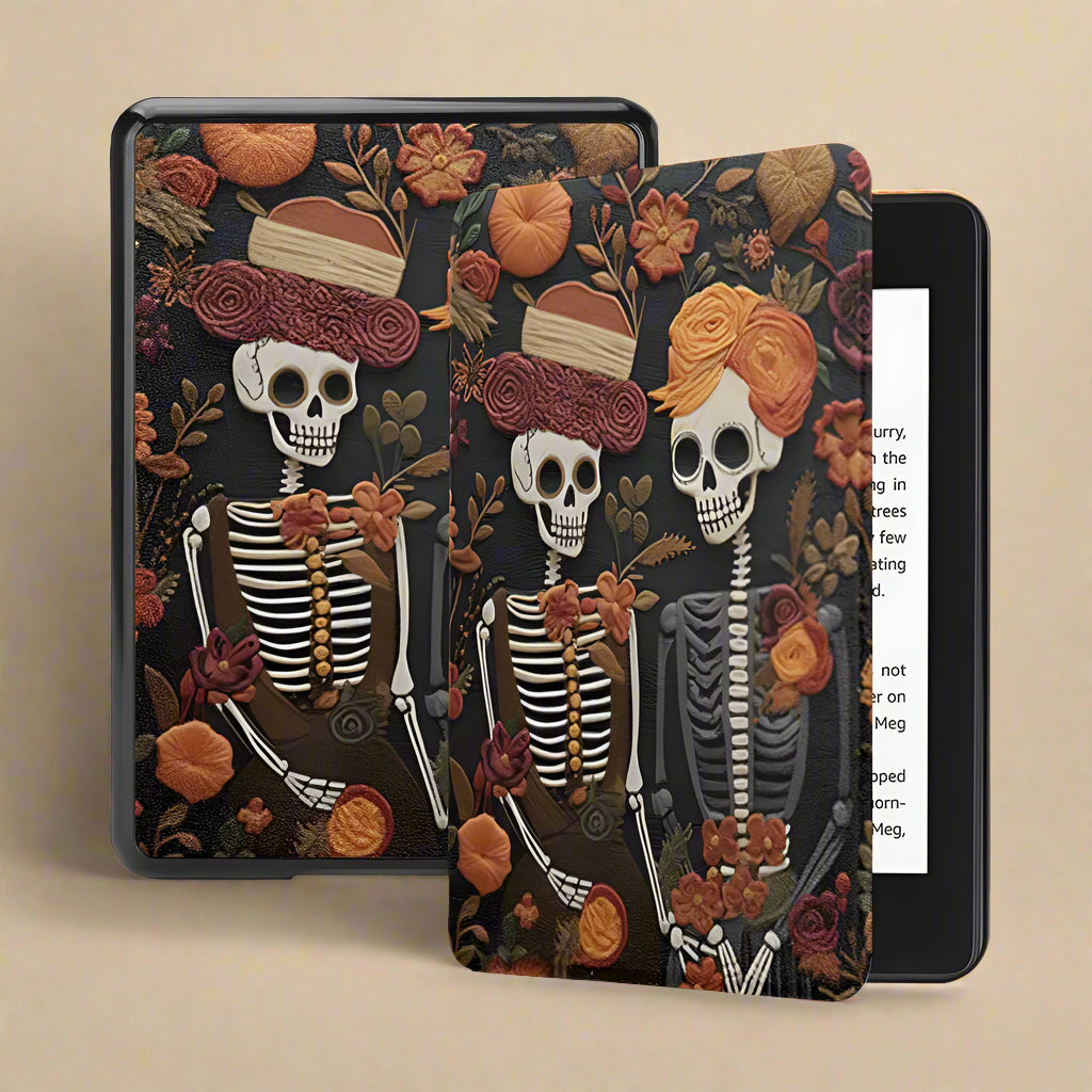 Floral & Gothic Skeleton Kindle Case – Fits Kindle Basic, Paperwhite & Oasis (7th-12th Gen) – Faux Leather