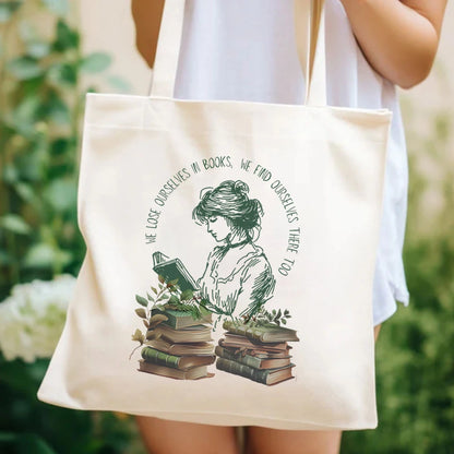 Elegant Canvas Tote Bag for Book Lovers – 'We Lose Ourselves in Books' Design, Large Capacity, Perfect Gift for Readers & Librarians