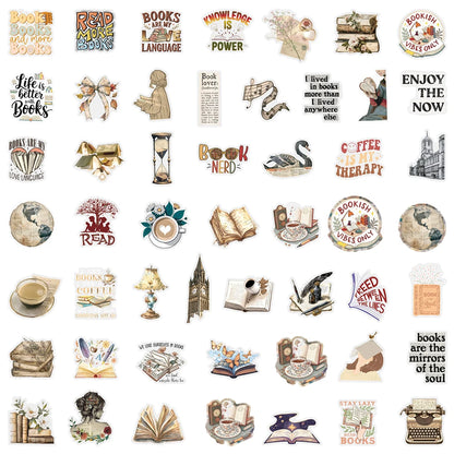 10/30/50pcs Retro Bookish Stickers – Transparent Aesthetic Decoration for Book Lovers, Notebooks, Journals & Luggage