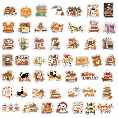 50pcs Autumn Bookish Stickers – Cute Ghost & Book Designs for Notebooks, Scrapbooks & DIY Projects