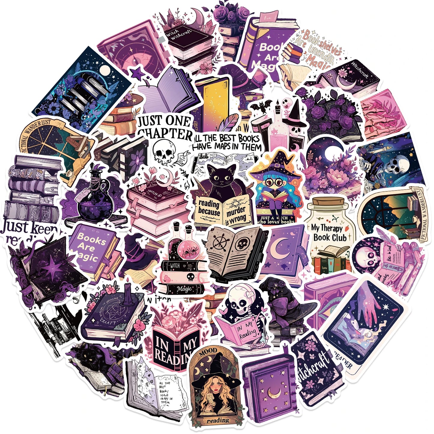 50pcs Purple Bookish Aesthetic Stickers – Magical Reading-Themed Decals for Notebooks, Luggage, Scrapbooking & More