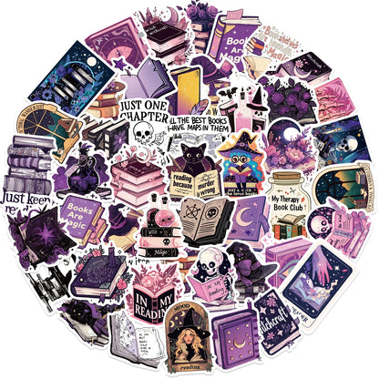 50pcs Purple Bookish Aesthetic Stickers – Magical Reading-Themed Decals for Notebooks, Luggage, Scrapbooking & More