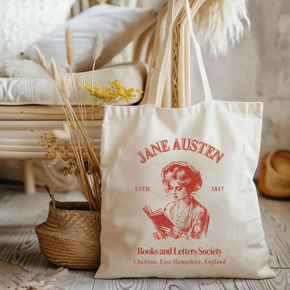 Jane Austen Books & Letters Society Tote Bag – Elegant Canvas Shoulder Bag for Book Lovers, Large Capacity, Perfect Bookish Gift