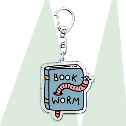 Funny Bookworm Keychains – Stainless Steel and Acrylic Keyrings for Book Lovers