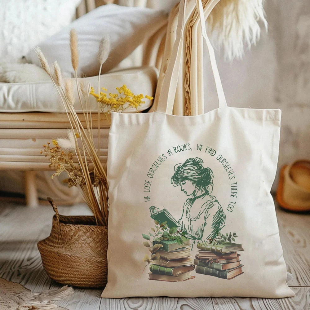 Elegant Canvas Tote Bag for Book Lovers – 'We Lose Ourselves in Books' Design, Large Capacity, Perfect Gift for Readers & Librarians