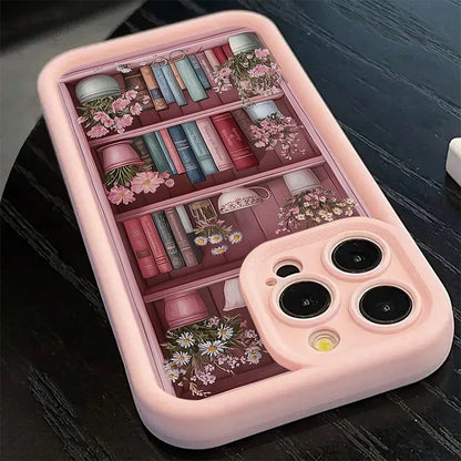 Pink Floral Bookshelf iPhone Case – Shockproof Cover for iPhone 7–17 Pro Max