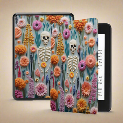 Floral & Gothic Skeleton Kindle Case – Fits Kindle Basic, Paperwhite & Oasis (7th-12th Gen) – Faux Leather