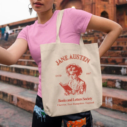 Jane Austen Books & Letters Society Tote Bag – Elegant Canvas Shoulder Bag for Book Lovers, Large Capacity, Perfect Bookish Gift