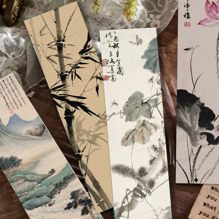 Set of 30 Chinese Calligraphy & Ink Painting Bookmarks – Classical Poetry Design, Elegant Page Markers for Reading & Decoration
