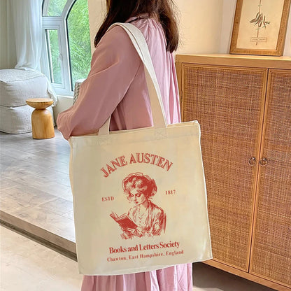 Jane Austen Books & Letters Society Tote Bag – Elegant Canvas Shoulder Bag for Book Lovers, Large Capacity, Perfect Bookish Gift